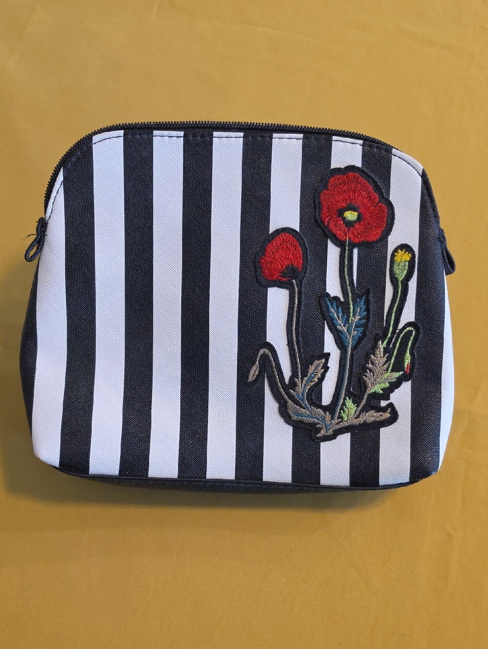 Nordstrom Striped Cosmetic Makeup Bag Featuring Red Poppy Flower Embroidery